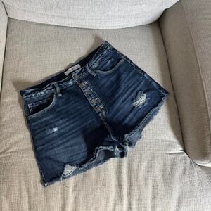 Navy blue distressed denim shorts